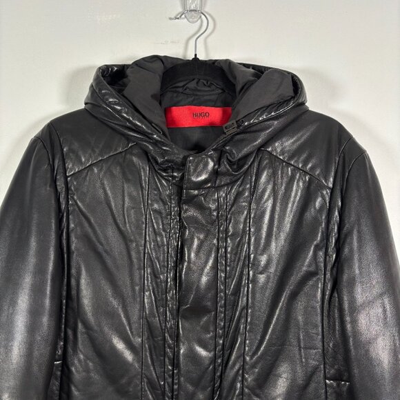 Hugo Boss Lamb Leather Winter Jacket Coat Black Hooded Puffer Luxury Size Small - Picture 3 of 10